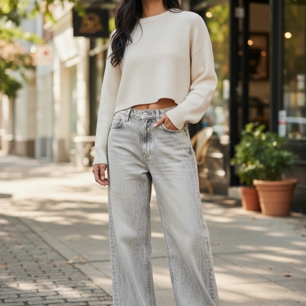 Zara Silver Distressed Wash Wide Leg Jeans Off White Grunge Style Size 10 W32